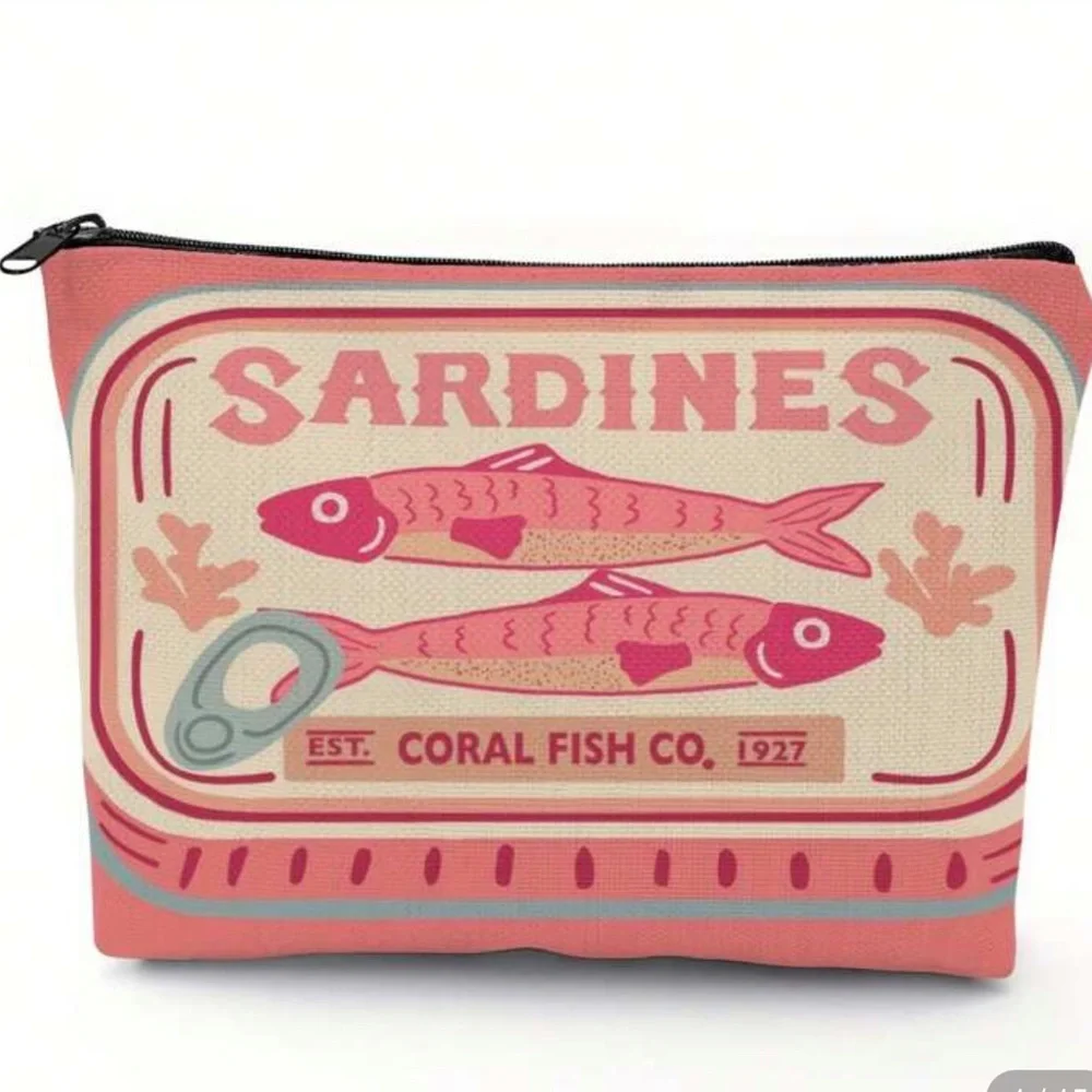 New Pink and Cream Sardines Make Up Carryall Canvas Zip Top Pouch OS - Picture 6 of 15